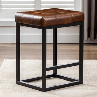 Button Tufted Open Frame Counter Stools, Yellowish Brown, 24 Inch