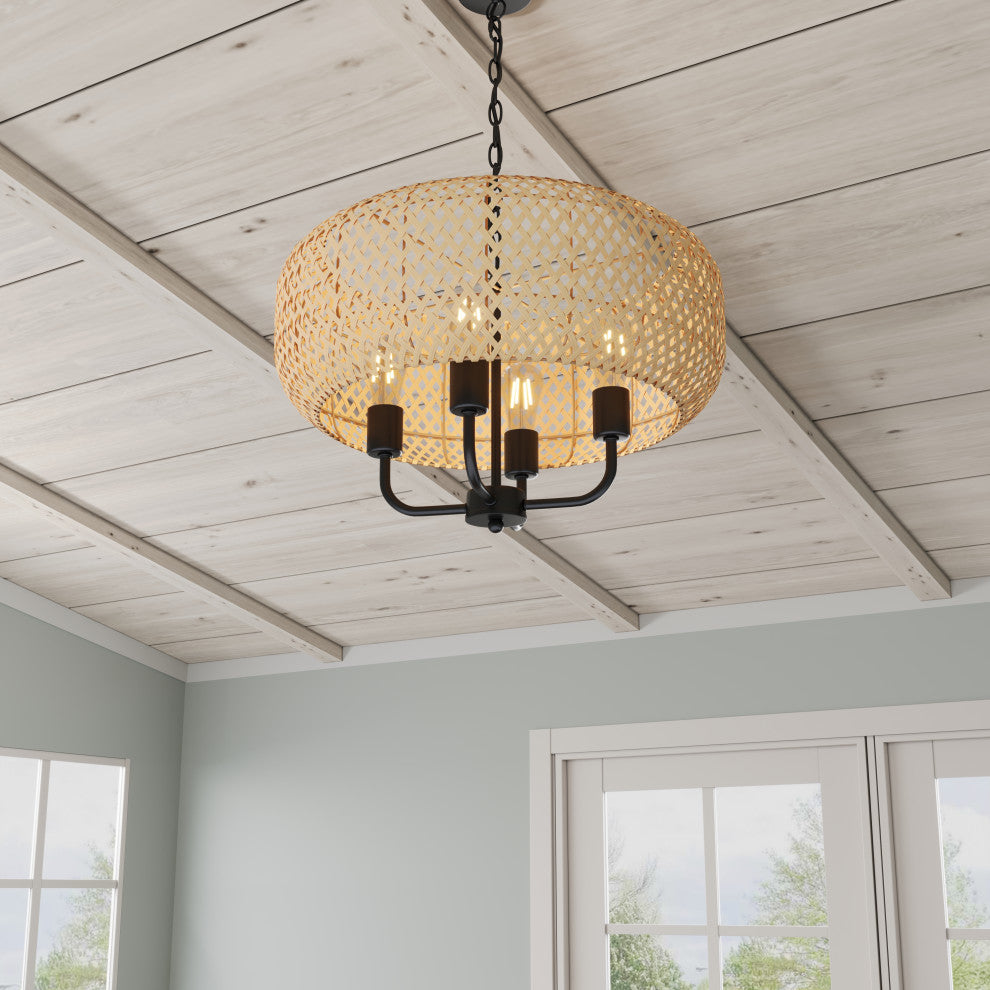 Farmhouse 4-Light Hand-Woven Natural Bamboo Pendant Light