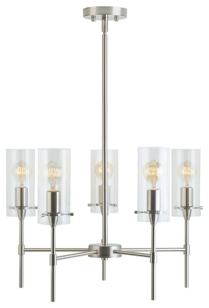 Effimero Stem Hung Chandelier With Clear Glass Cylinder, Brushed Nickel, 5 Light