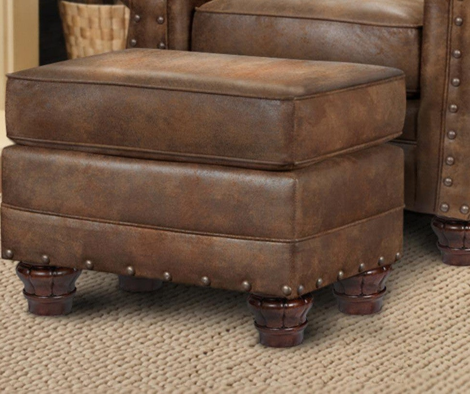 Traditional Ottoman, Leather Look Microfiber Upholstery & Nailhead Trim, Brown