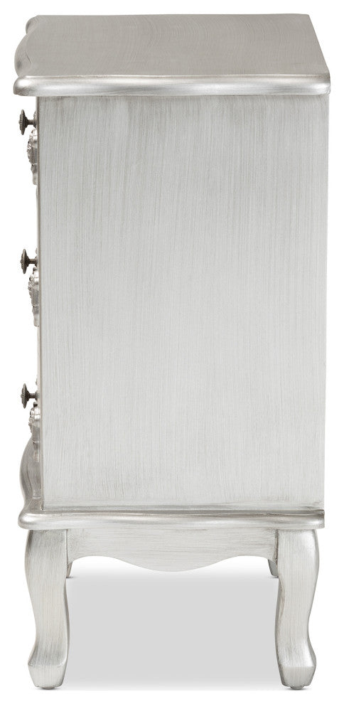 Callen Classic and Traditional Brushed Silver Finished Wood 3-Drawer Nightstand