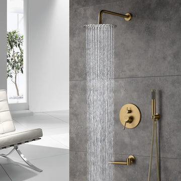 CASAINC 10" Round Wall Mounted Shower System Set Handheld Spray & Bathtub Spout, Brushed Gold