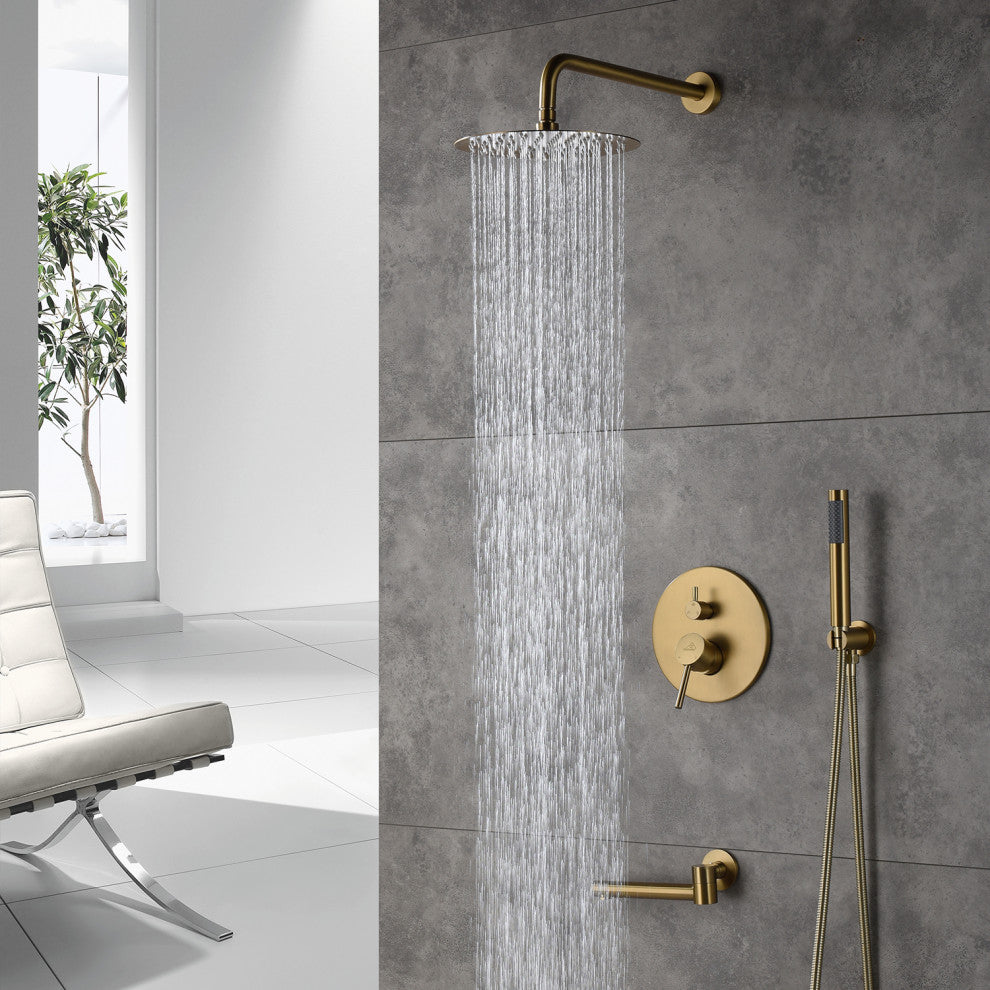 CASAINC 10" Round Wall Mounted Shower System Set Handheld Spray & Bathtub Spout, Brushed Gold