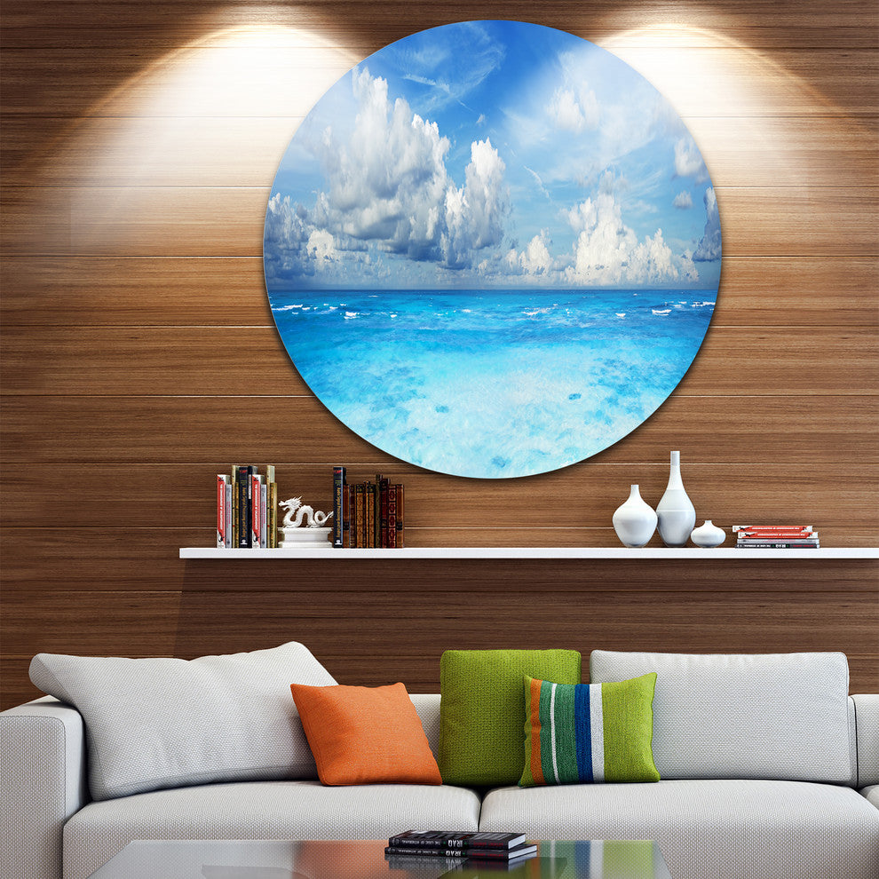 Bright Blue Waters And Sky Panorama, Seascape Disc Metal Wall Art, 23"