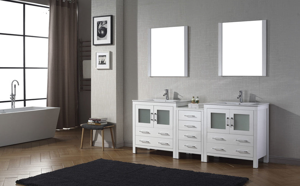 Virtu Dior 82" Double Bathroom Vanity, White, Polished Chrome Faucet, Mirrors