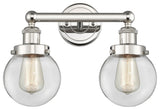 Small Edison Beacon 2-Light 16" Vanity Light, Polished Nickel With Clear Shade