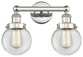 Small Edison Beacon 2-Light 16" Vanity Light, Polished Nickel With Clear Shade