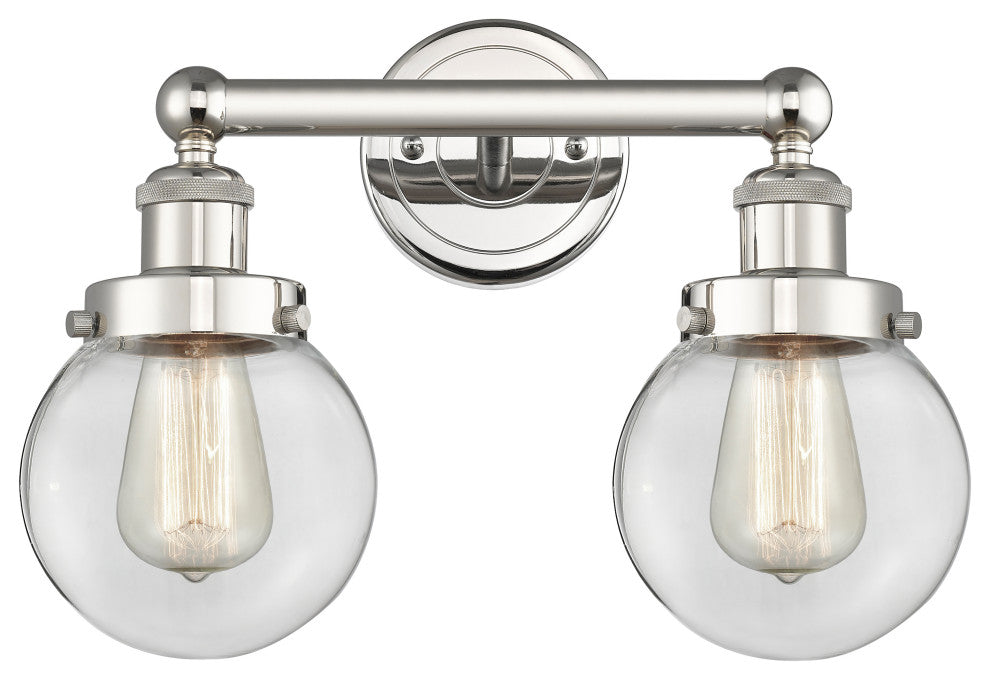 Small Edison Beacon 2-Light 16" Vanity Light, Polished Nickel With Clear Shade