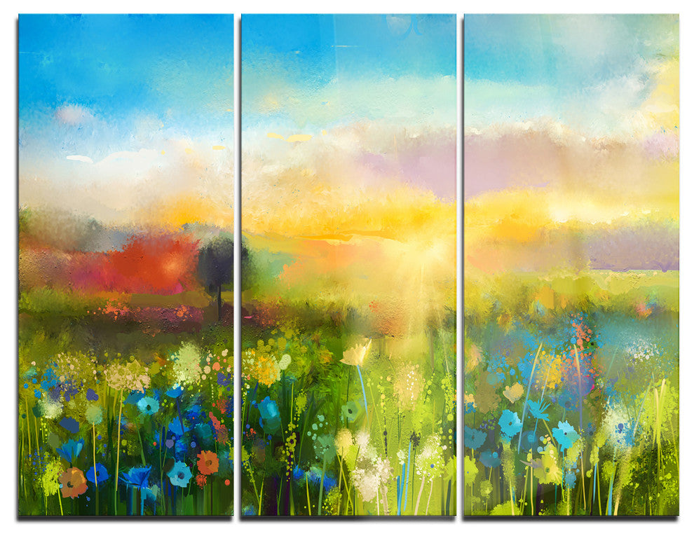 "Sunset Meadow Landscape" Oil Painting Metal Wall Art, 3 Panels, 36"x28"