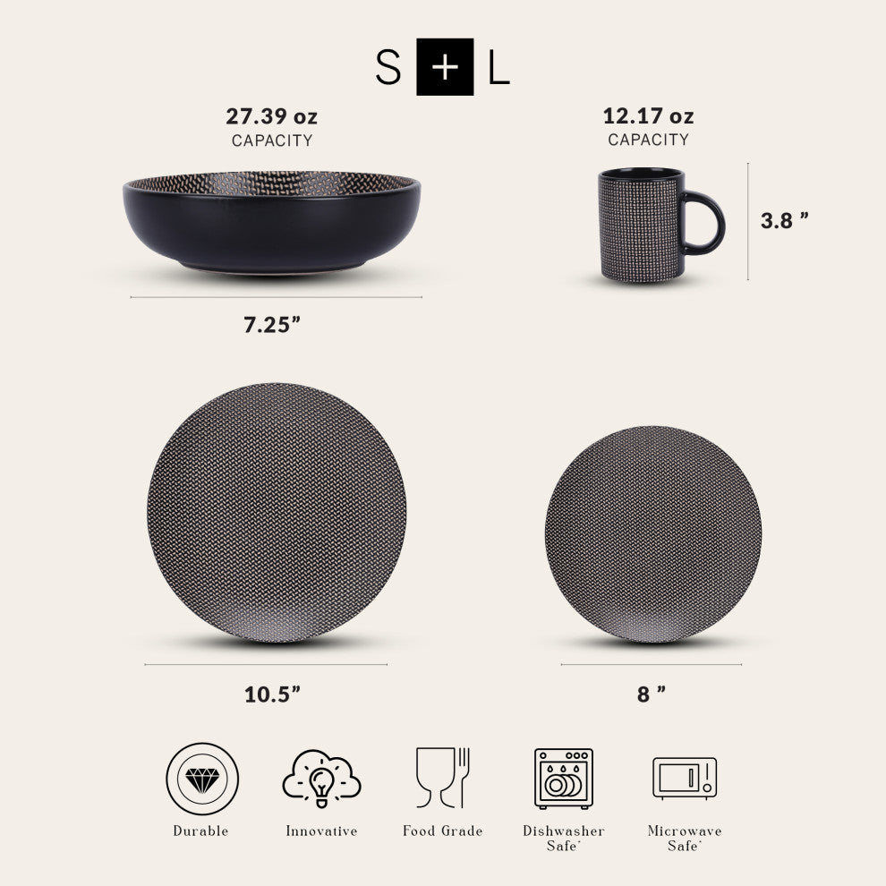 Stone Lain Daisy Stoneware 32 Piece Dinnerware Set, Brown and Black