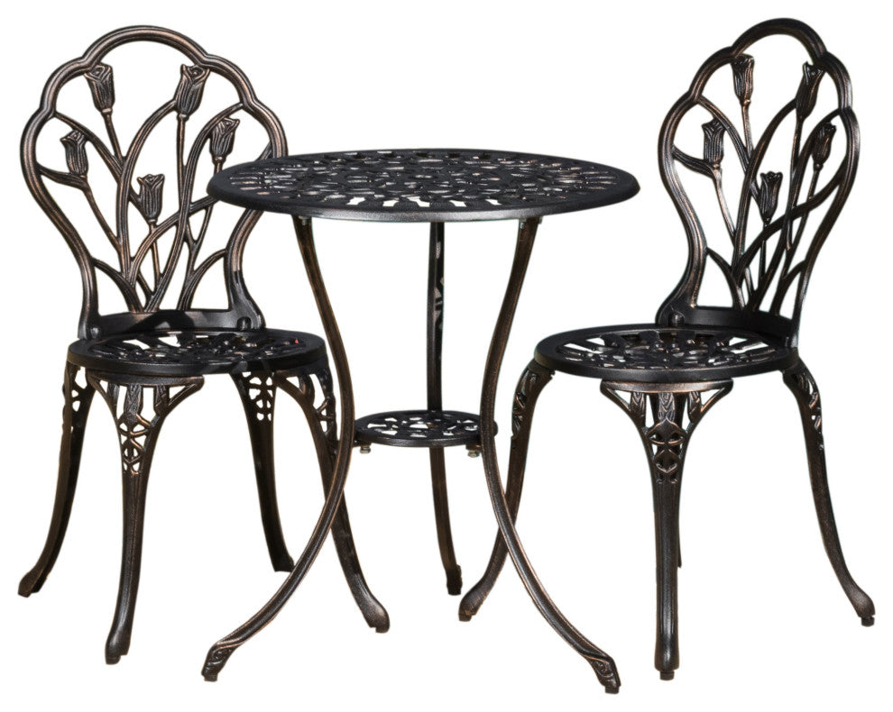 GDF Studio Nassau Outdoor Vintage Style Cast Aluminum Bistro Set with Tulips