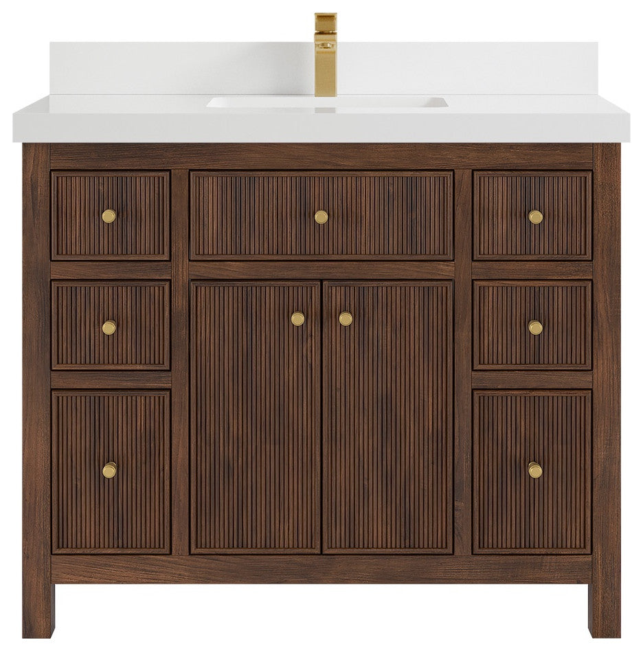 Sonoma Teak 42" Single Sink Vanity, Dark Walnut With 2" White Quartz