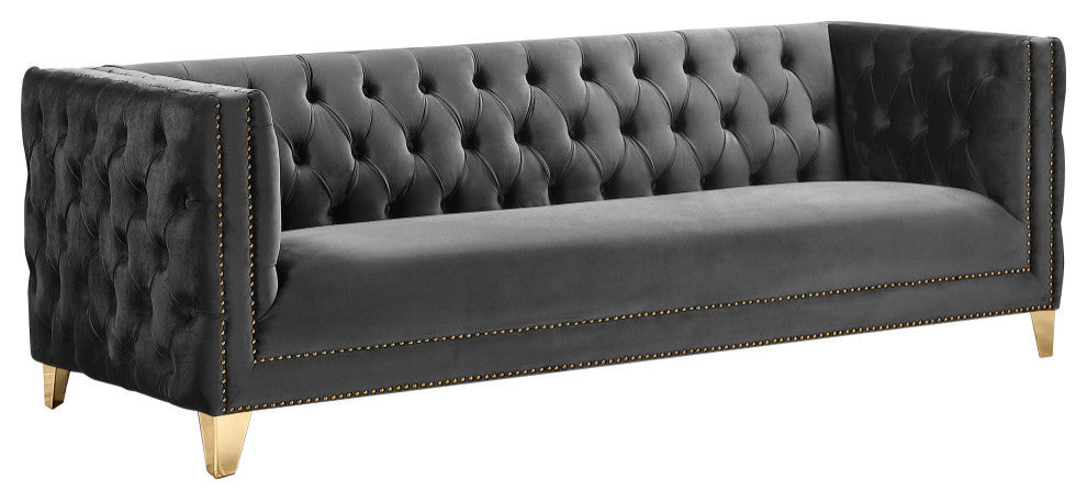 Michelle Fabric Upholstered Chair, Gold Iron Legs, Gray, Velvet, Sofa