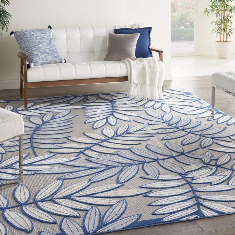 8 x 11' Ivory and Navy Leaves Indoor Outdoor Area Rug