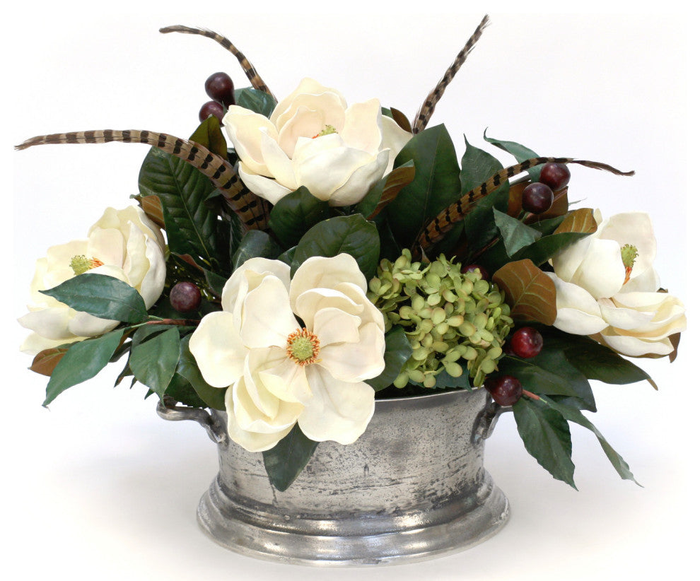 Magnolia with Hydrangeas in Silver Urn