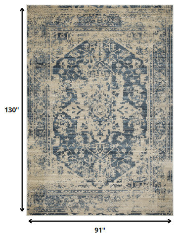 8"x11" Beige Blue Distressed Medallion Area Rug