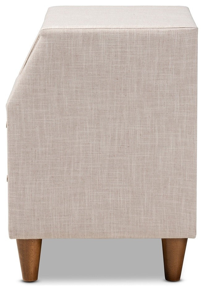 Mid-Century Modern Beige Fabric Upholstered 2-Drawer Wood Nightstand