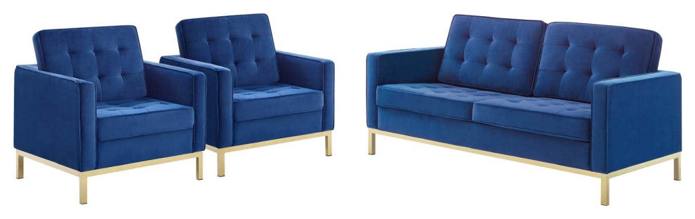 Armchair and Loveseat Sofa Set, Velvet, Gold Blue Navy, Modern, Lounge