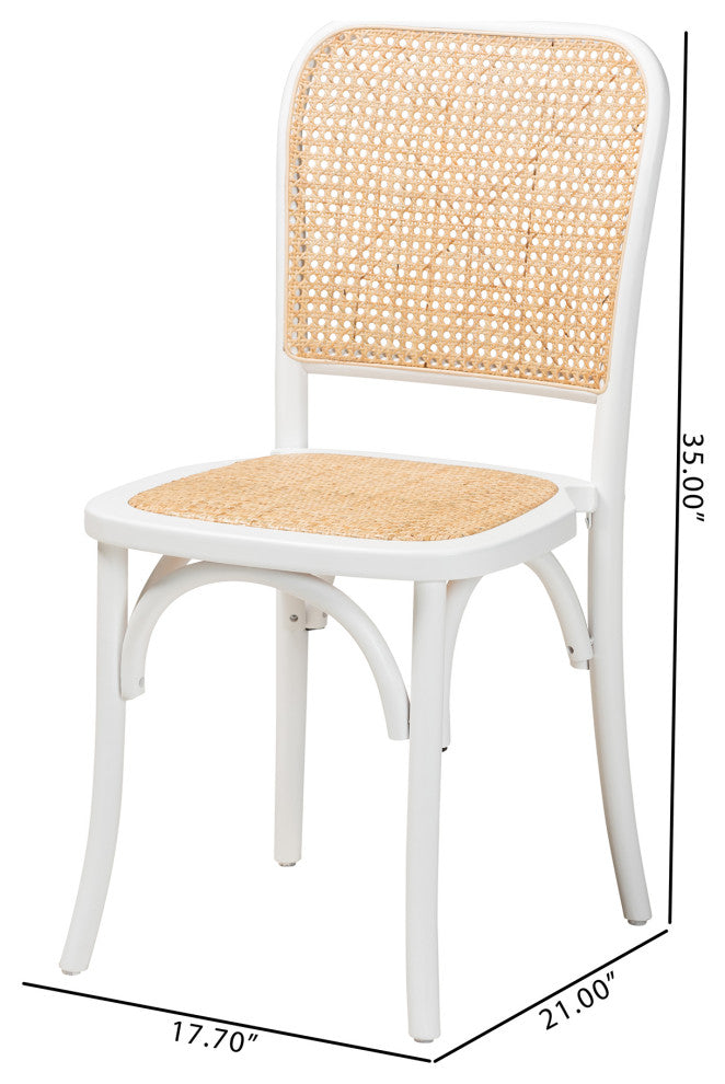 Neah Japandi White Wood and Natural Rattan 2-Piece Dining Chair Set