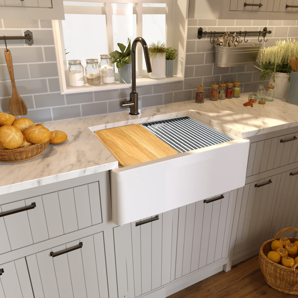 30" Reversible Workstation Granite Composite Apron Sink With Accessories, White