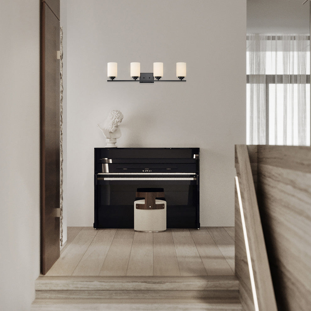4-Light Matte Black Vanity With Etched White Glass Shades