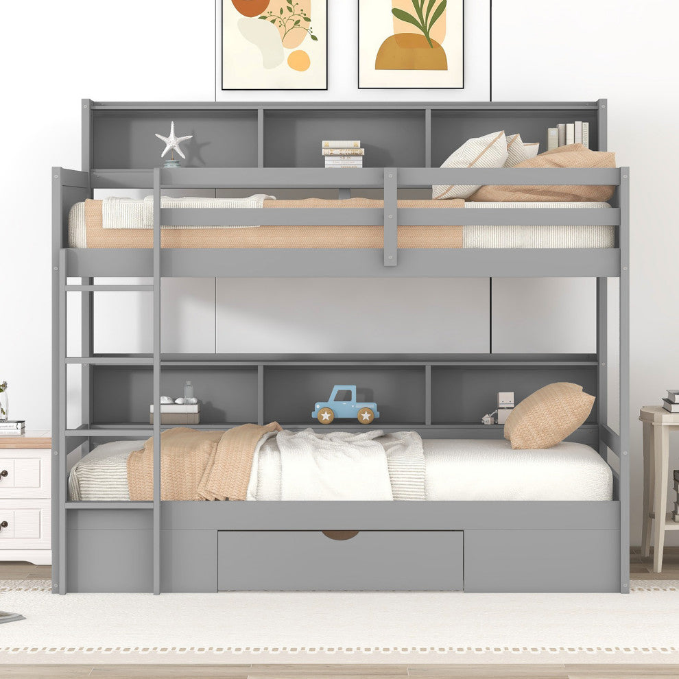 Gewnee Twin Size Bunk Bed with Shelves Beside both Upper and Down Bed in Gray