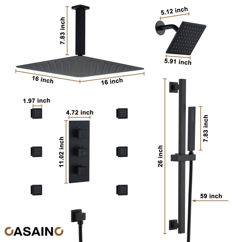 16inch Deluxe Showerhead Dual Shower Head System With Slide Bar and 6 Body Jets, Matte Black