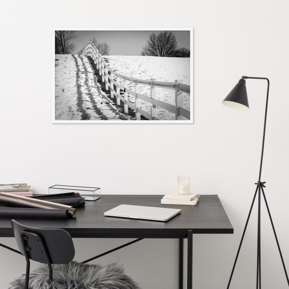 Endless Fences in Black & White Rural Landscape Framed Photo Paper Art Prints, White, 24" X 36"