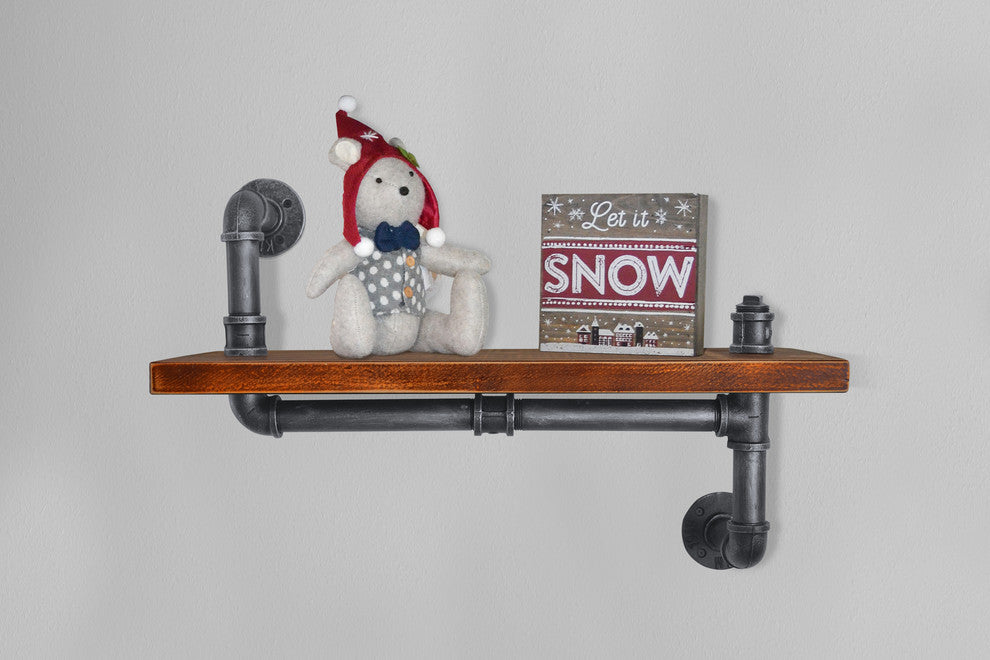 London Industrial Floating Silver Brushed Gray Pipe Wall Shelf, Walnut