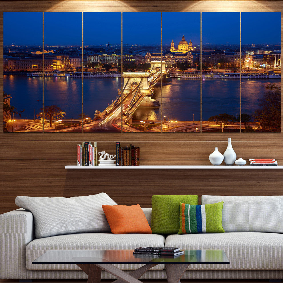 Illuminated Cain Bridge Budapest, Cityscape Canvas Art Print, 83"x32", 7 Panels