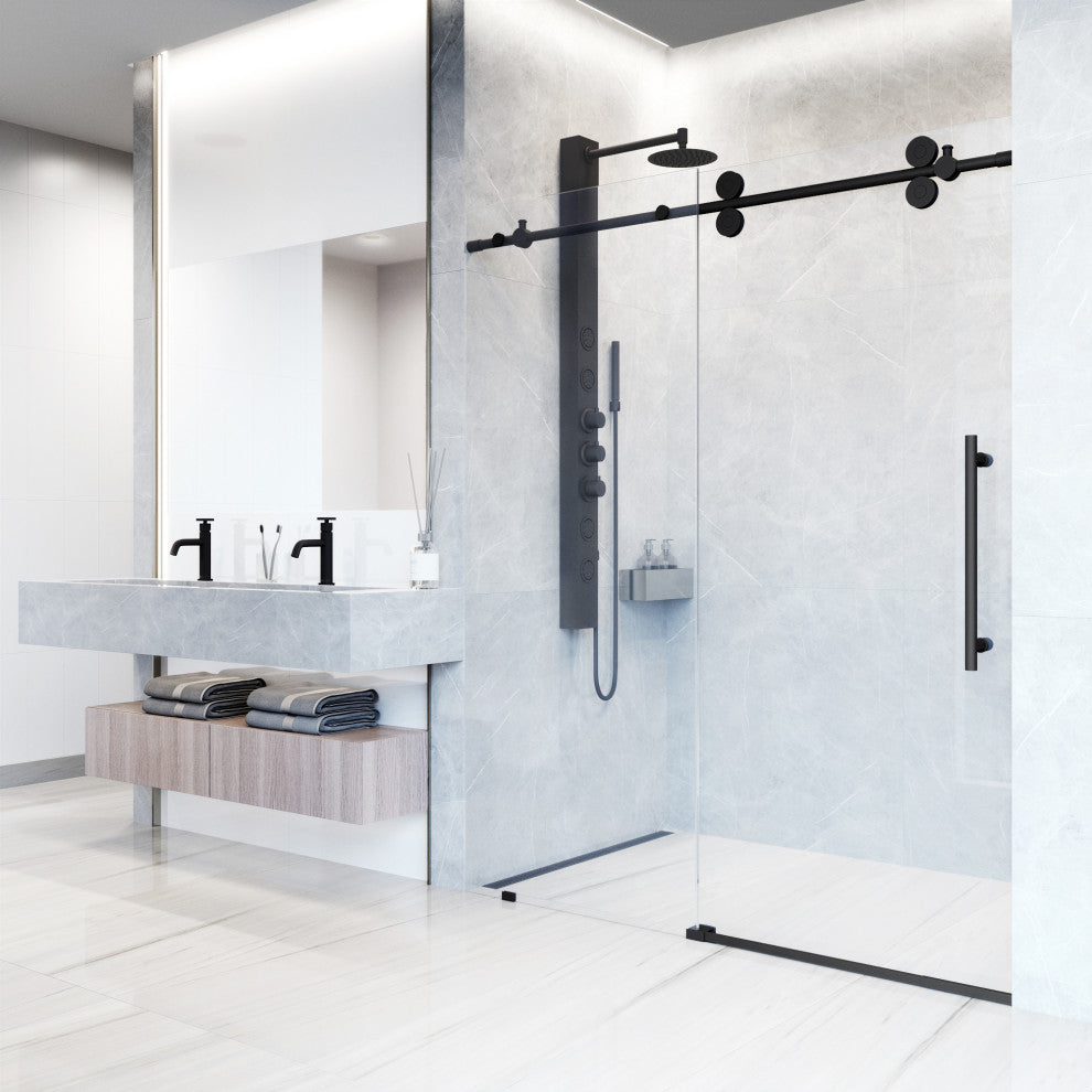 VIGO Elan 56" to 60" W x 74" H Frameless Sliding Shower Door, Matte Black, Laminated Glass