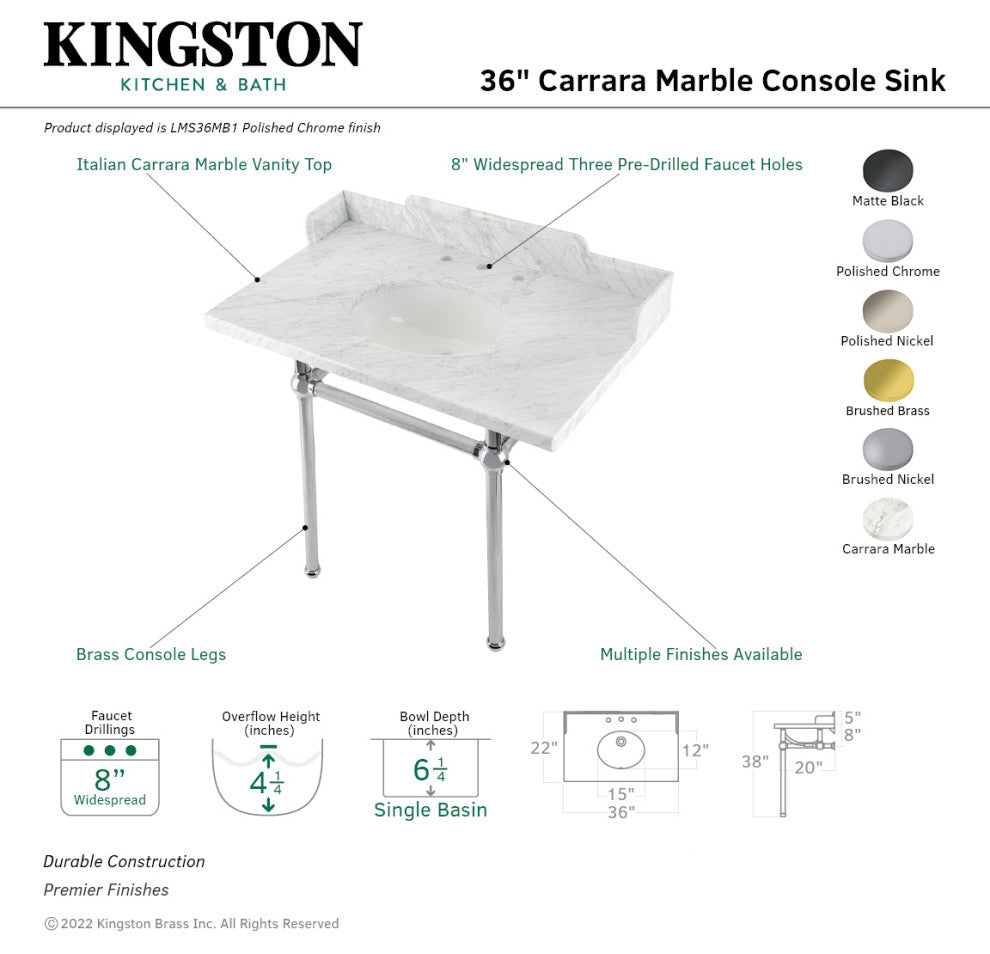 Kingston Brass LMS36MB8 36" Carrara Marble Console Sink, Legs