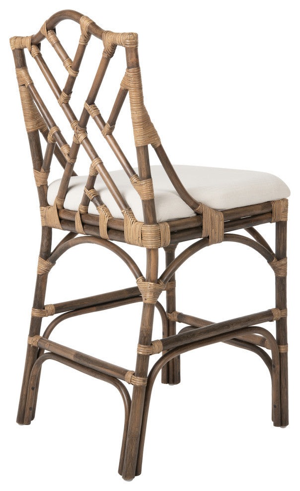 Chippendale Rattan Counter Stool, Antique Brown and Off-White Upholstery