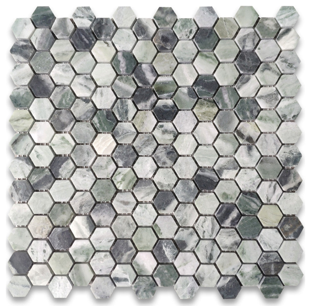 Sagano Vibrant Green Marble 1 inch Hexagon Mosaic Tile Honed, 1 sheet