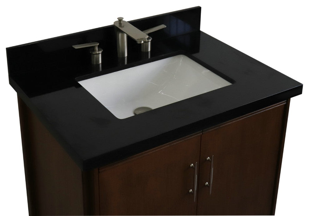 31" Single Sink Vanity, Walnut Finish With Black Galaxy Granite