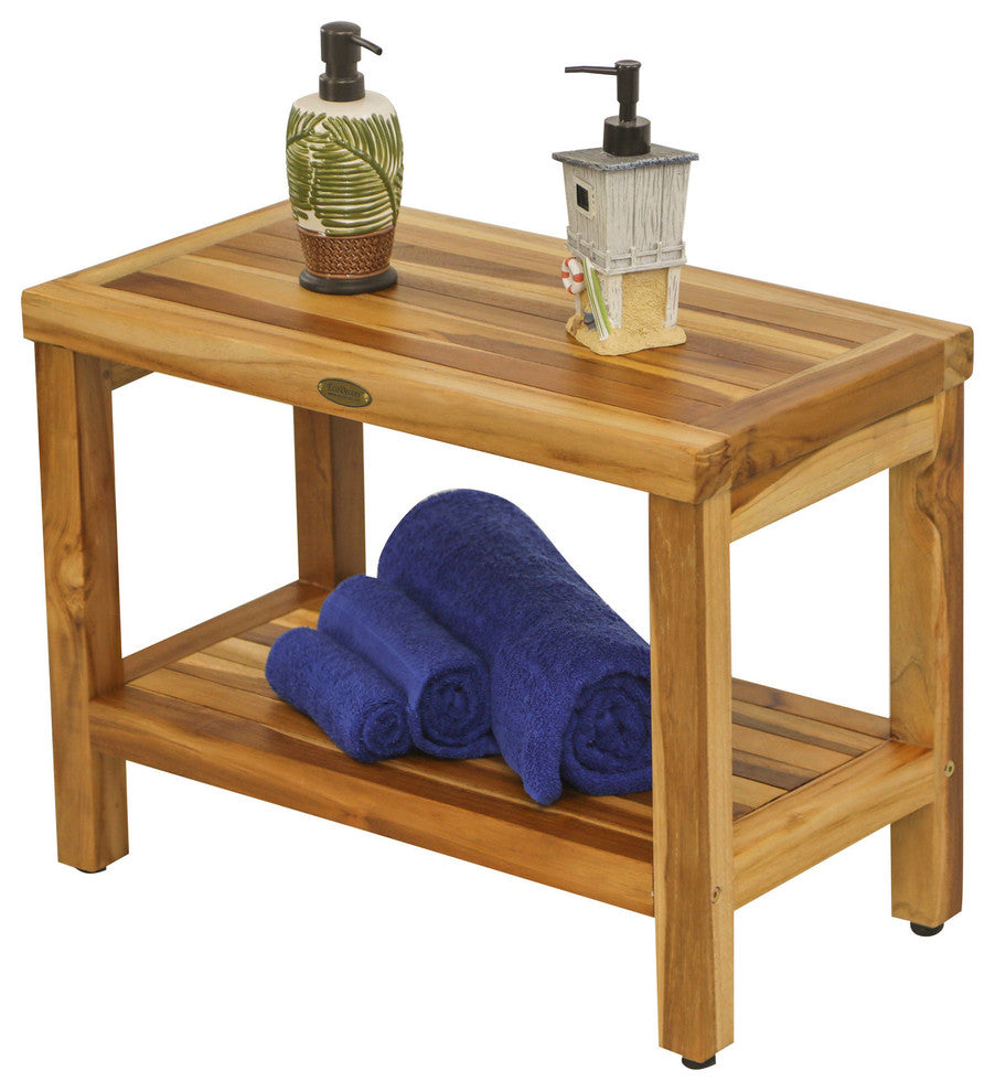 EcoDecors EarthyTeak Classic Teak Shower Bench With Shelf, 24"