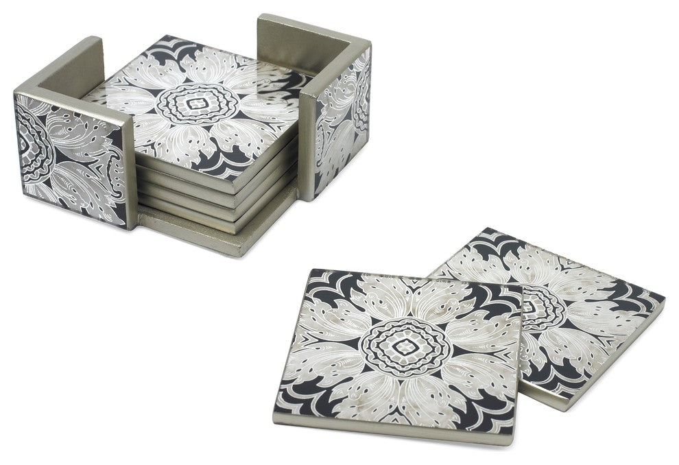 Reverse Painted Mirror Coasters in Lemon, Set of 6, Midnight