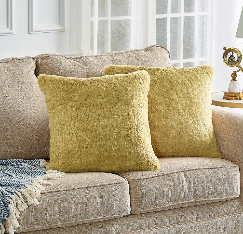 Heavy Faux Fur Throw Pillow Covers 2pcs Set, Misted Yellow, 20''x20''