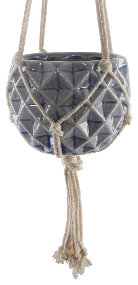 5x5" Ceramic Macrame Hanging Planter, Blue