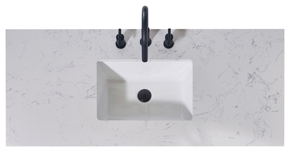 Merano Engineered Stone Vanity Top, Aosta White Apron With White Sink, 48"
