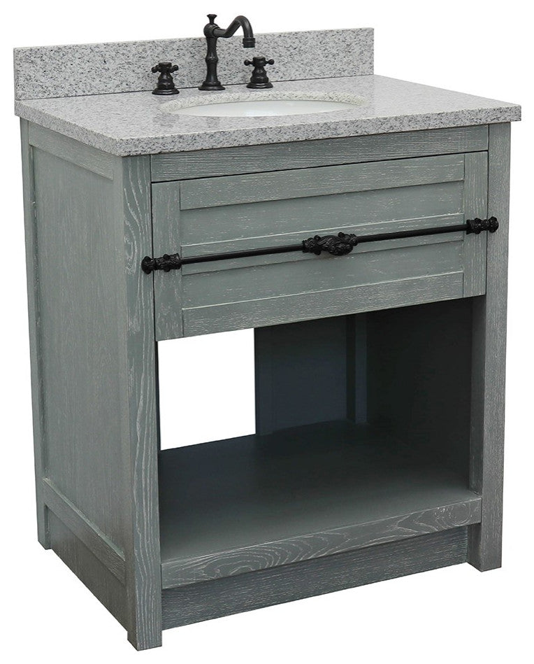 30" Single Vanity, Gray Ash, Gray Granite Top, Oval Sink