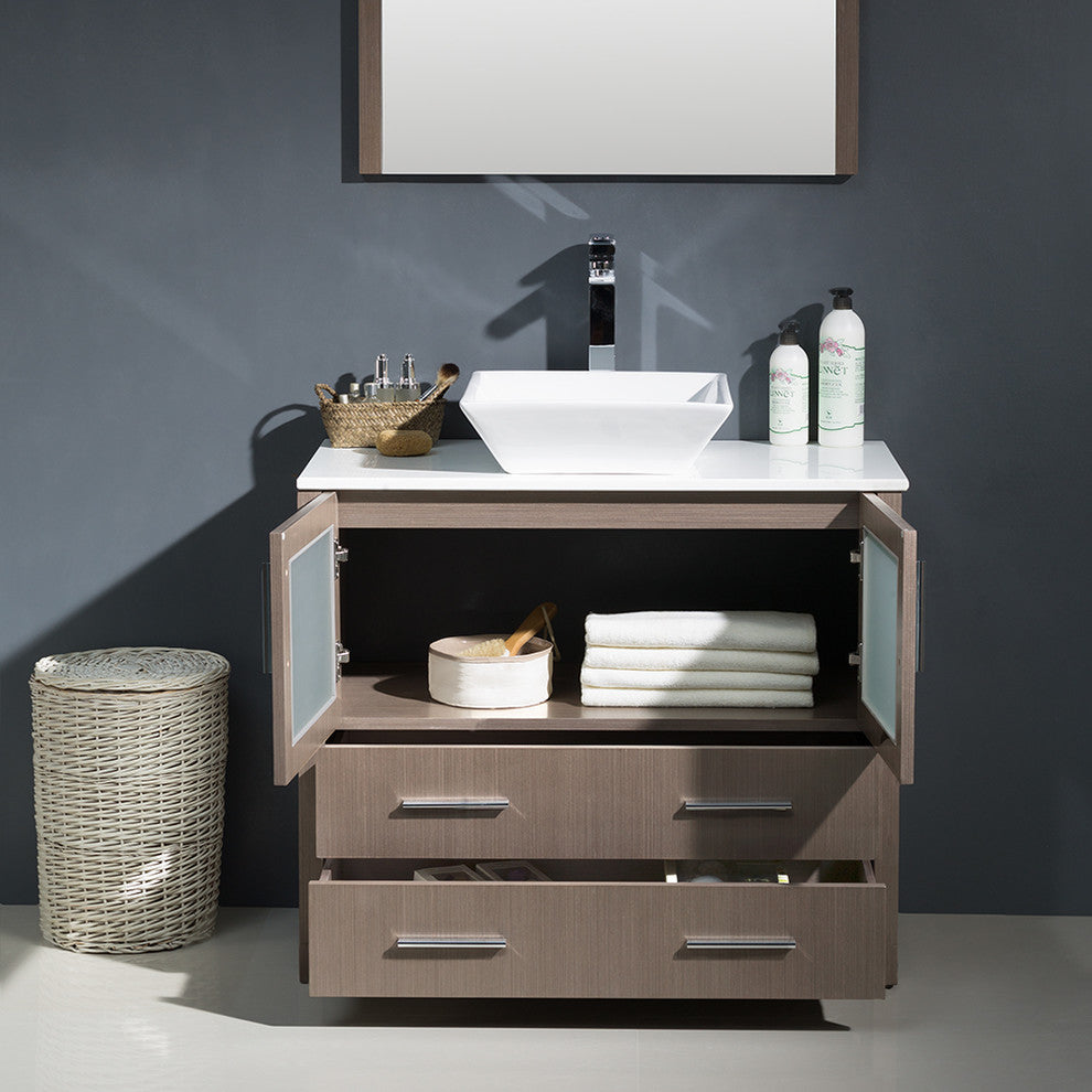 Torino 36" Gray Oak Modern Bathroom Vanity With Vessel Sink, FFT3112BN