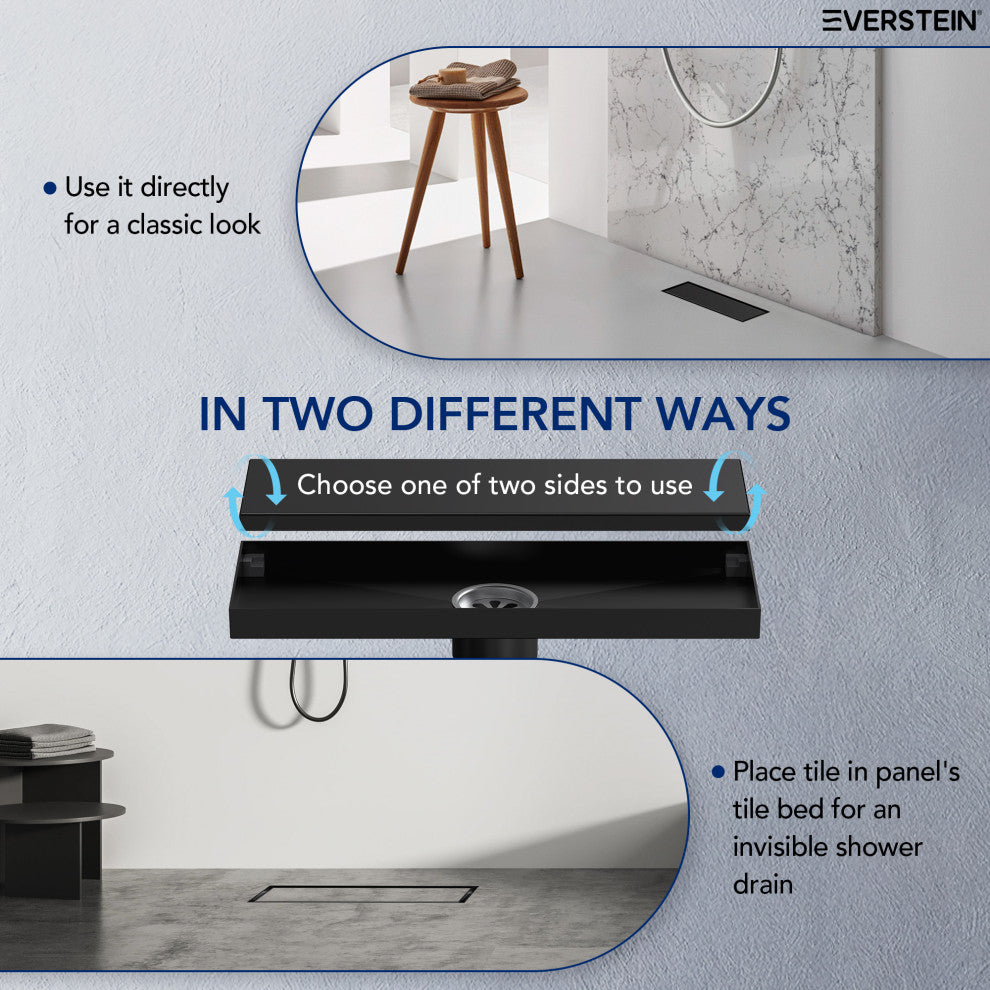 Linear Shower Drain with Hair Strainer and Reversible Tile Insert Cover, Matte Black