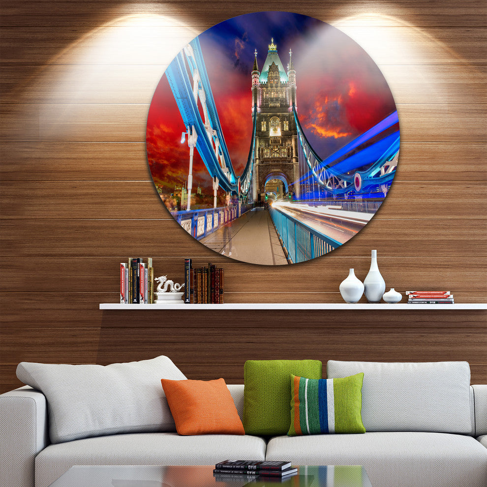 Storm Over Tower Bridge At Night, Cityscape Disc Metal Artwork, 11"