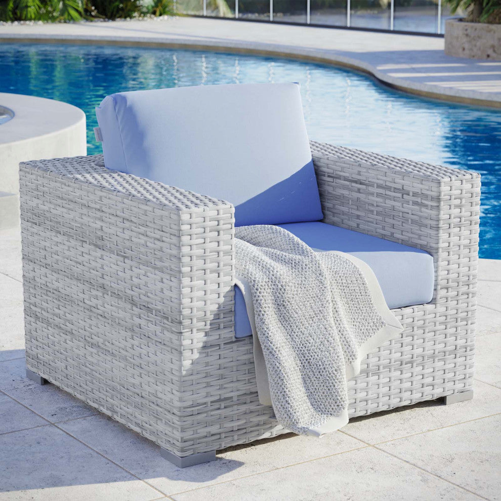 Lounge Chair Armchair, Rattan, Wicker, Gray Blue, Modern, Outdoor Patio