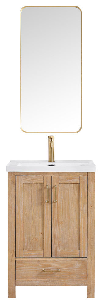 Gela Single Bath Vanity with Ceramic Basin Top, Fir Wood Brown, 24", With Mirror