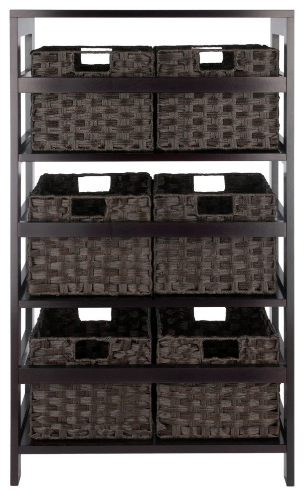 Leo 7-PieceStorage Shelf With 6 Foldable Woven Baskets, Espresso and Chocolate