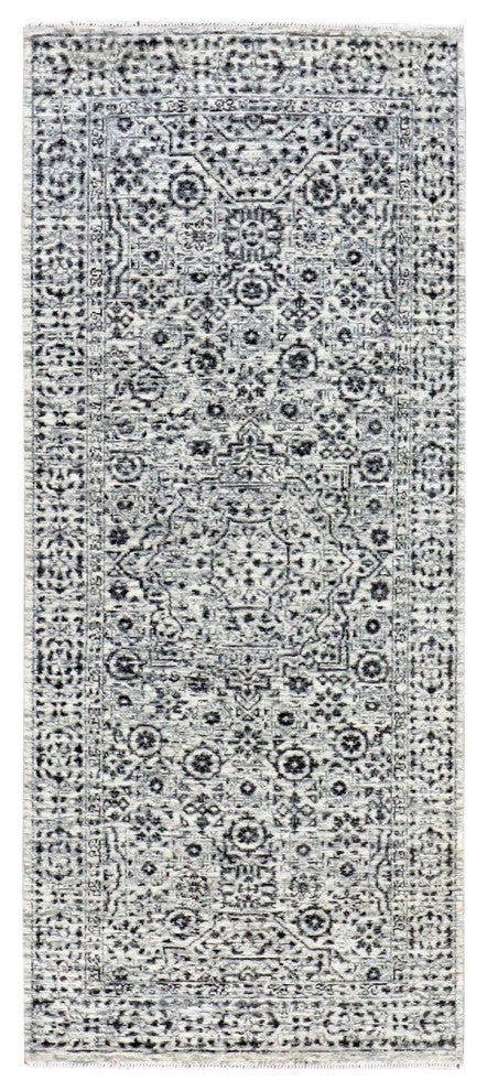 White Mamluk Dynasty Design Undyed 100% Wool Hand Knotted Runner Rug 2'7"x6'