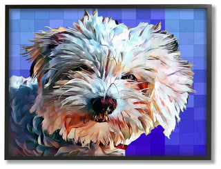 Colorful Bichon Puppy Over Blue Geometric Pattern16x20