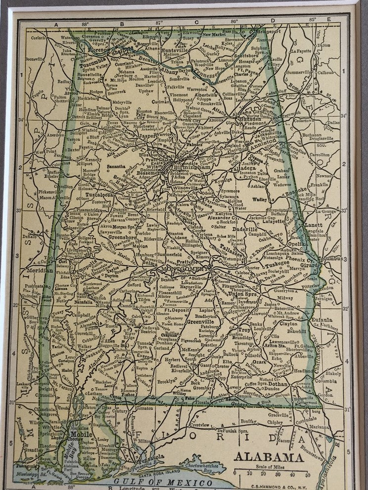 Vintage Alabama State Map, Framed Original Alabama Map - Authentic 1920s